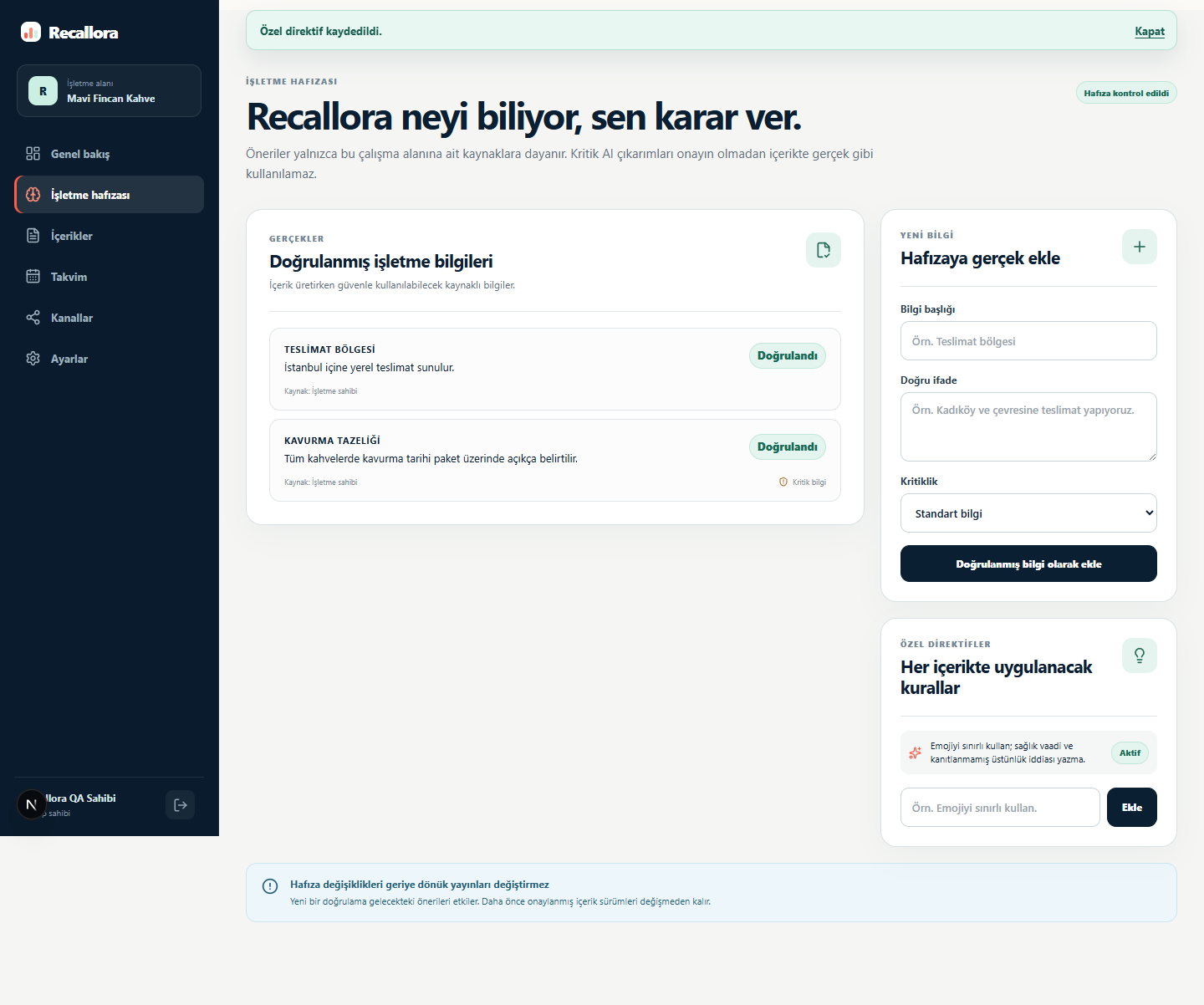 Recallora işletme hafızası ekranı