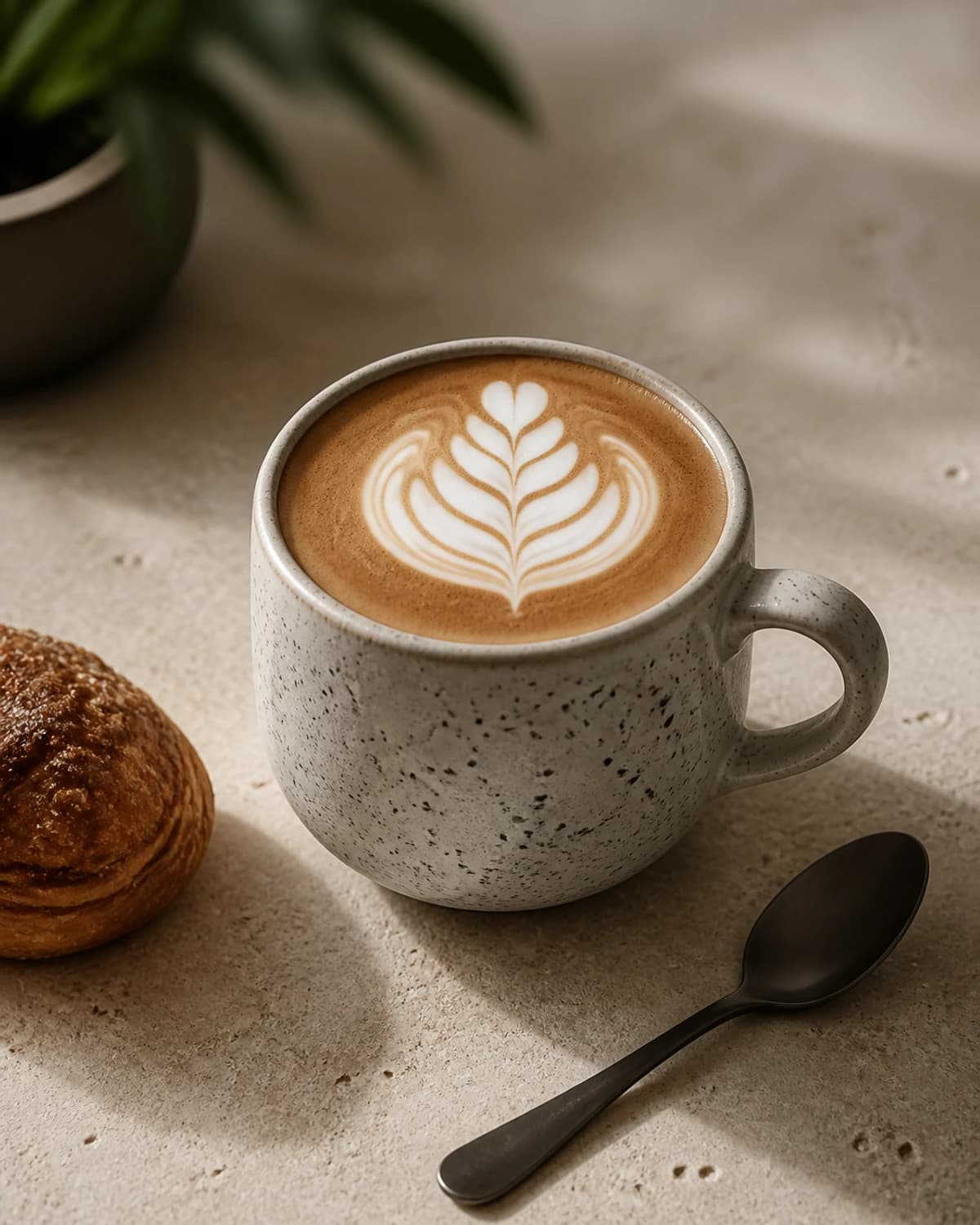 Latte art, a small croissant, and a dark spoon on warm travertine