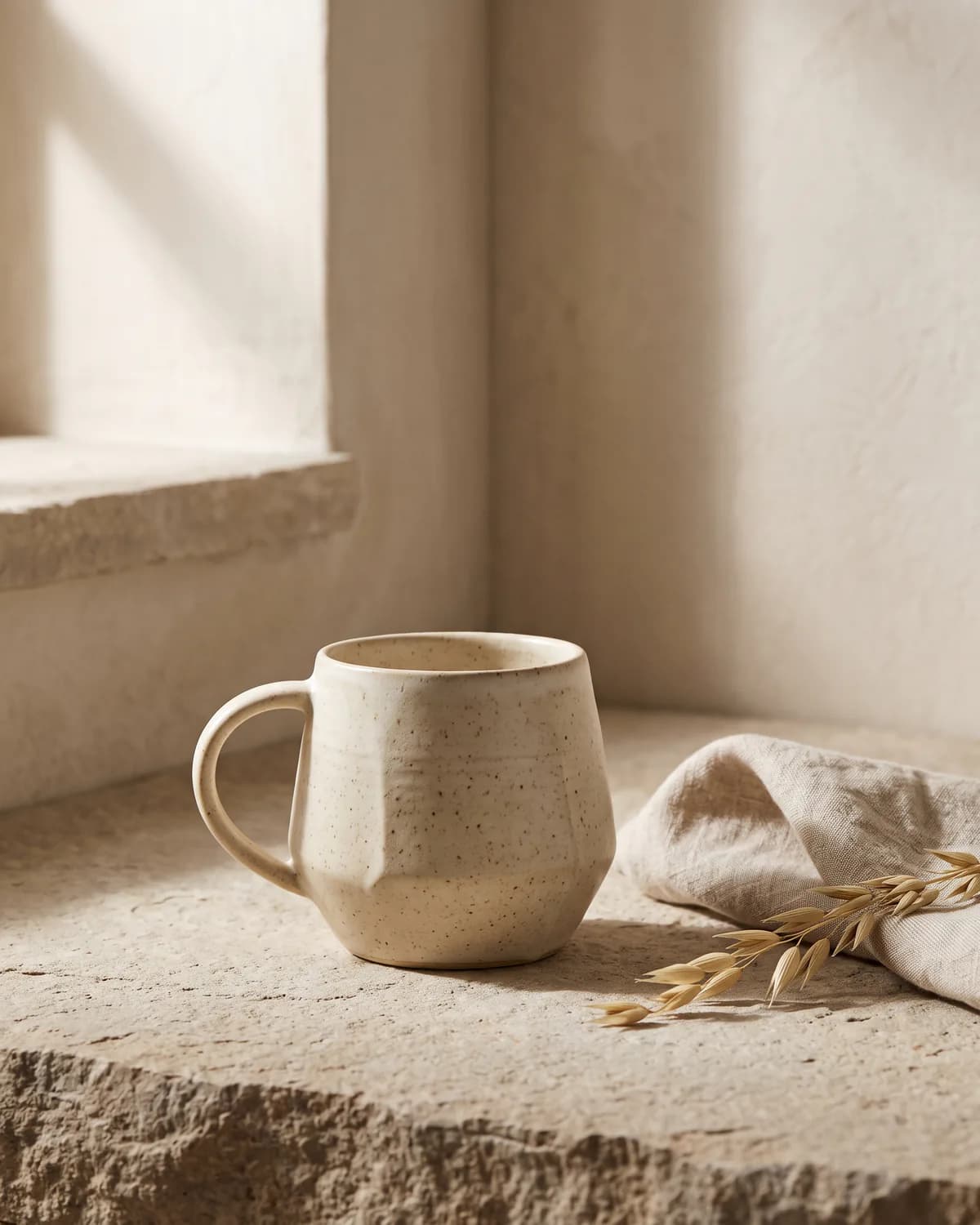 A warm ceramic collection with a vase, bowl, and mug