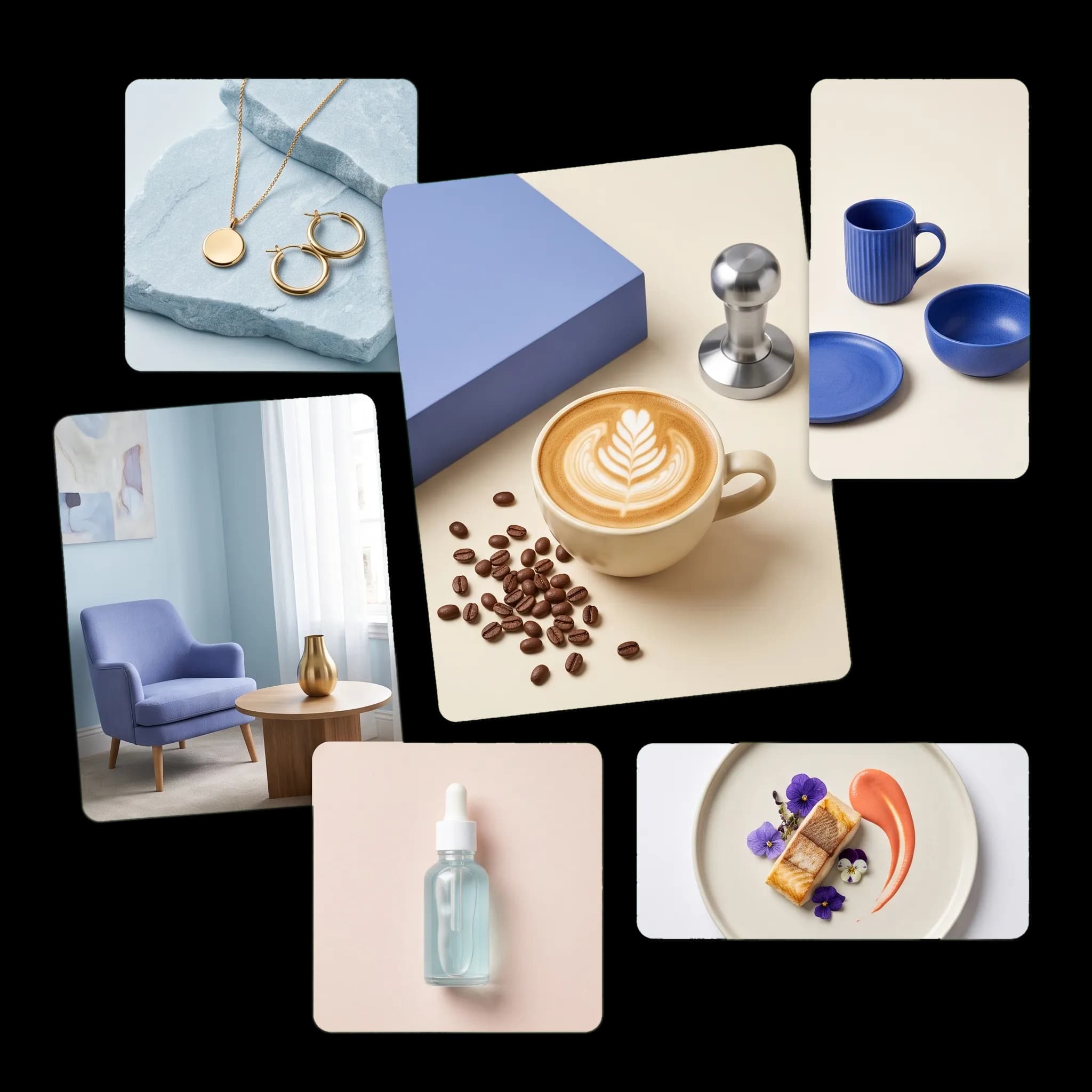 A collage of social media creatives Recallora can prepare for ceramics, coffee, boutique hotel, jewellery, restaurant, and skincare businesses
