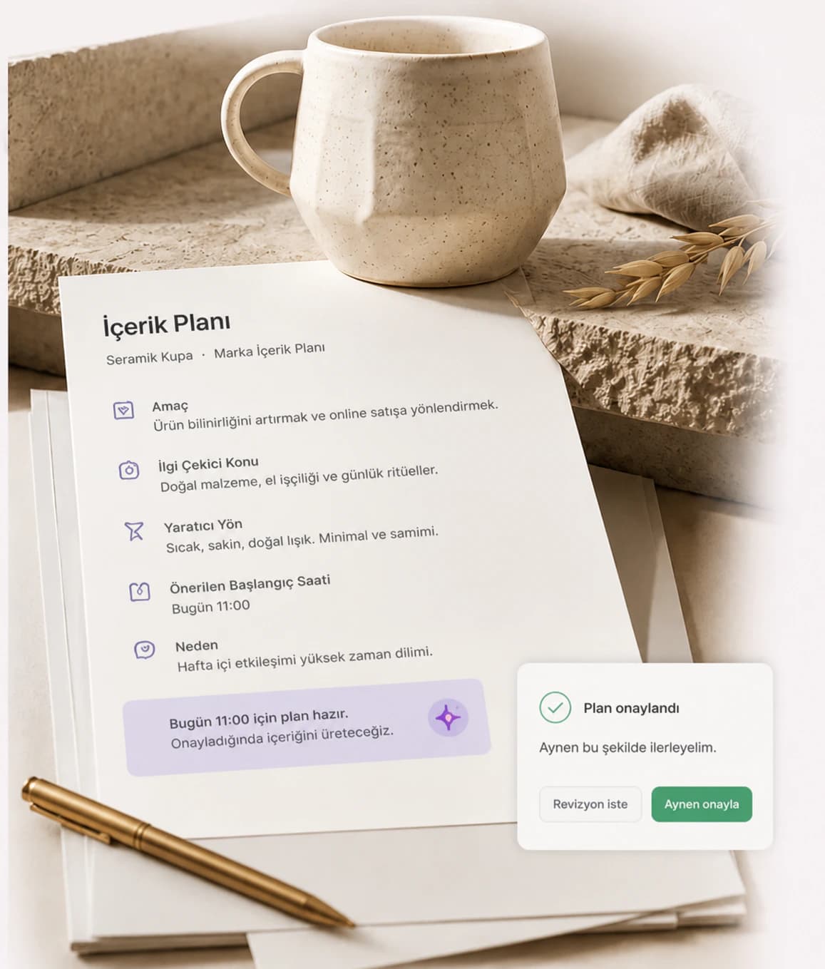 An example Recallora workspace scene with a handmade ceramic mug photograph, a physical content-plan sheet, a brass pen, and a plan approval card.