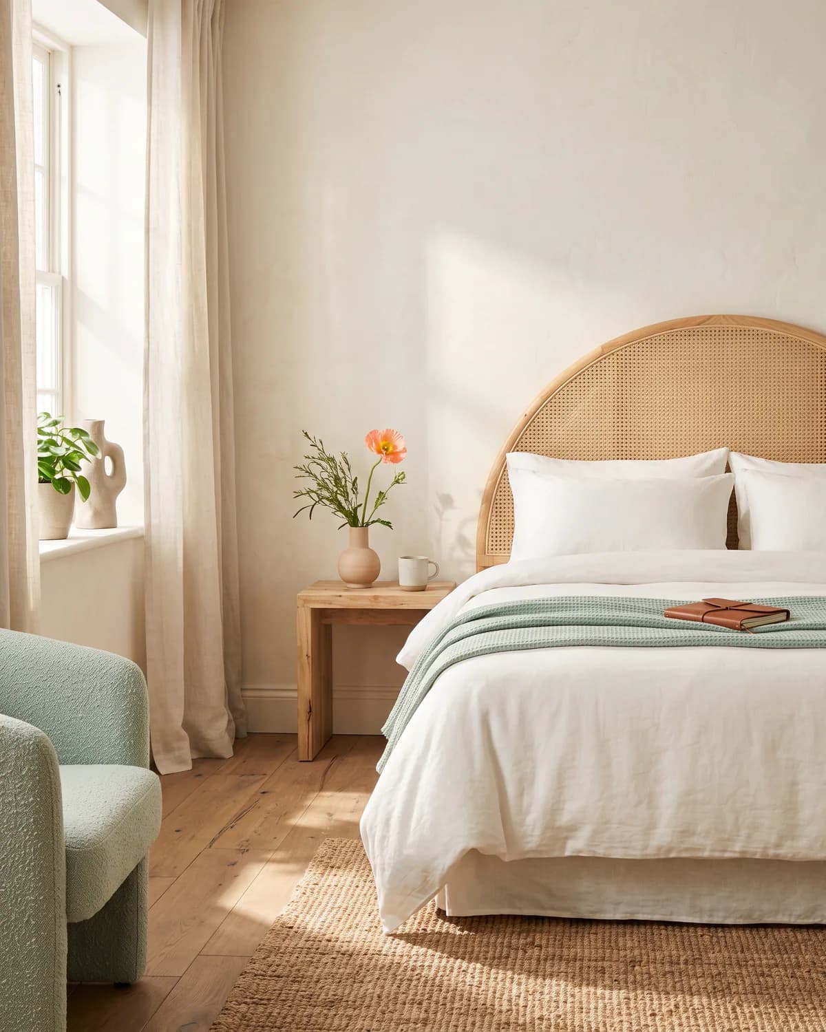 A calm boutique hotel room in warm daylight