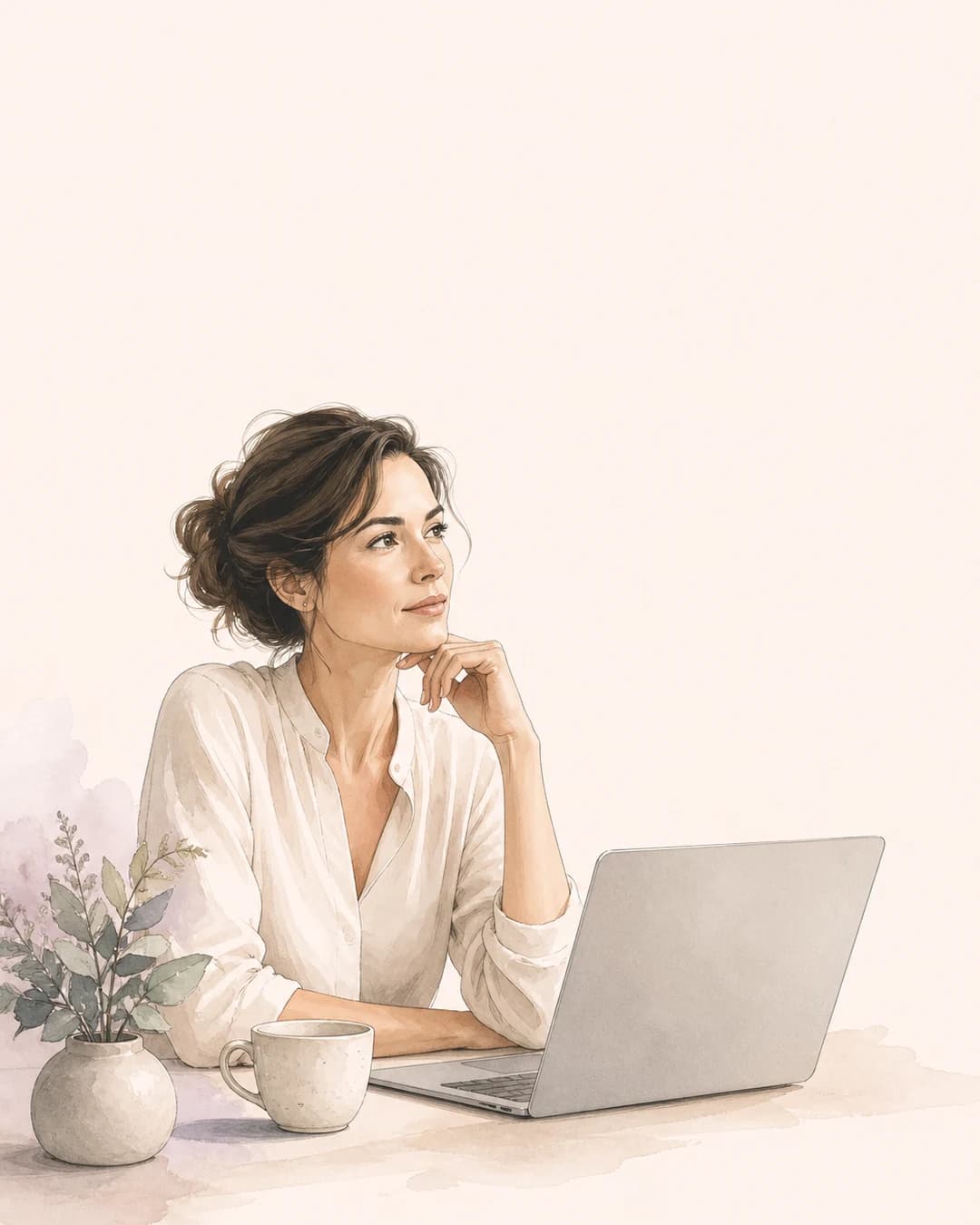 Business owner at her laptop considering what to post next on social media