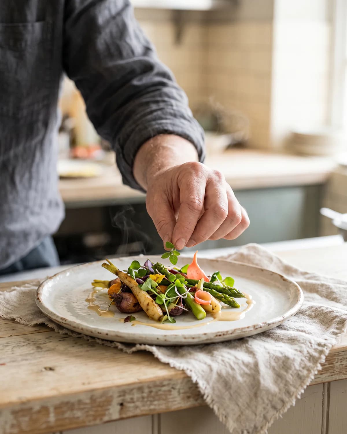 A chef finishing a signature plate in a bright kitchen